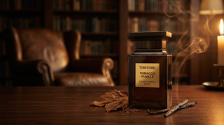 Tom Ford Tobacco Vanille bottle on a walnut table in a candlelit private library with tobacco leaves and vanilla pods