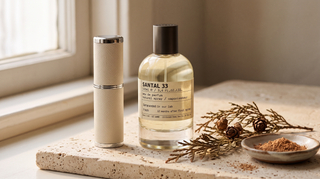 A bottle of Le Labo Santal 33 and its travel atomizer on a travertine stone slab, with dried cedar branches and a dish of sandalwood powder, lit by soft daylight from a window