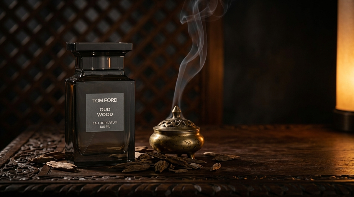 Tom Ford Oud Wood bottle beside a brass incense burner with rising oud smoke and agarwood chips